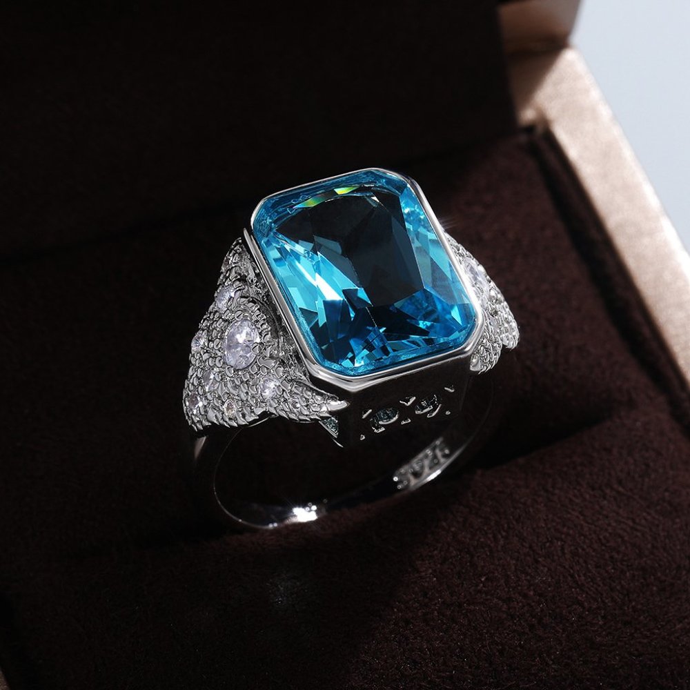 Vintage Carved Radiant Cut Sea Blue Gemstone Fashion Rings for Women, INDN8526 - Picture 2 of 3